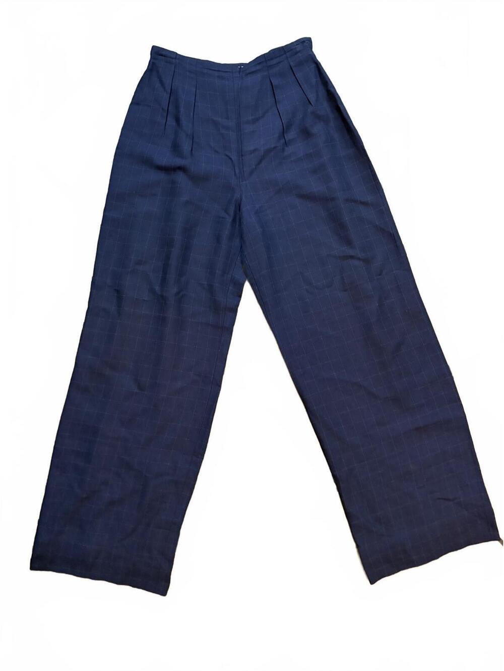 Vintage Rena Rowan Navy Plaid High Waist Pleated Trousers Size 4 Mohair